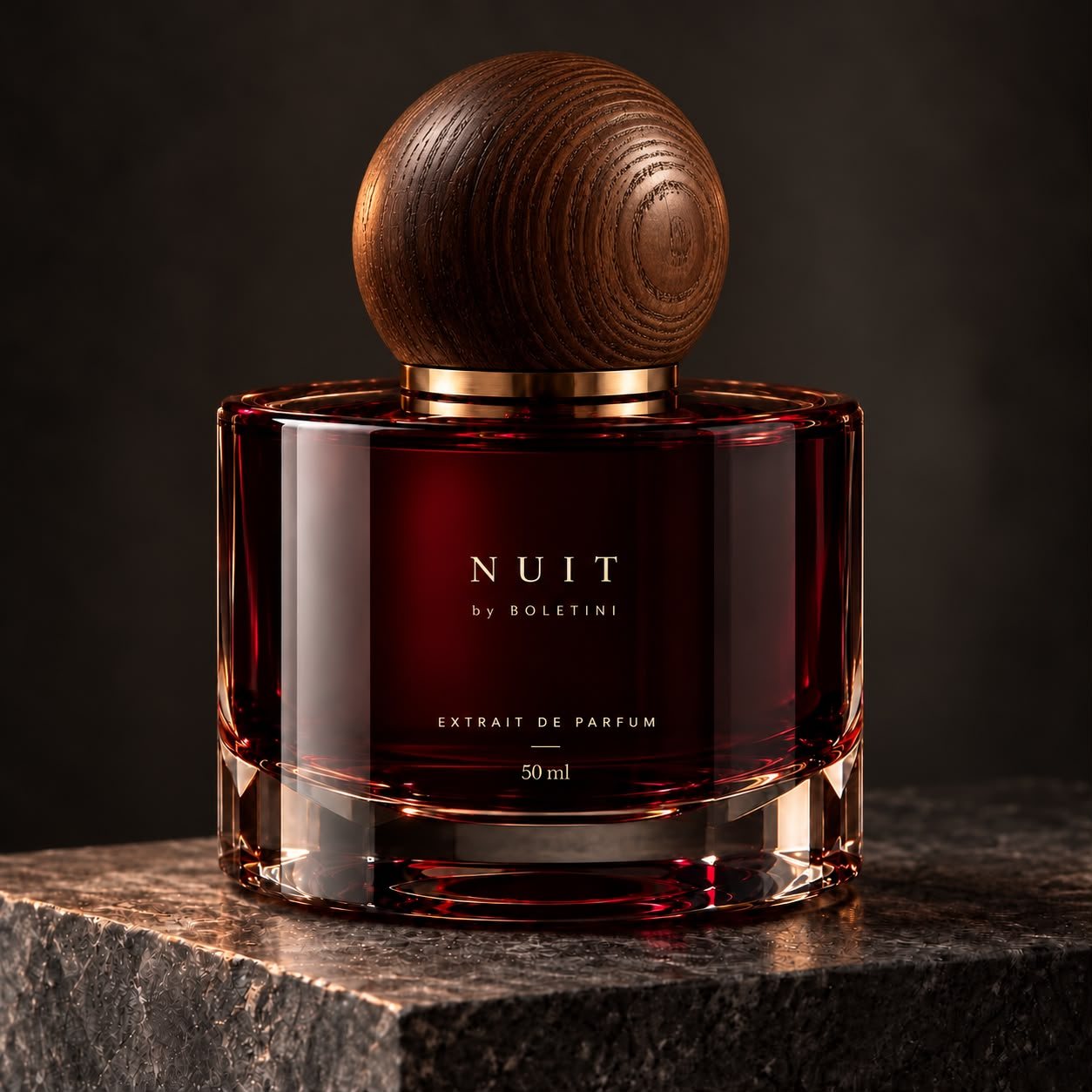 NUIT by Boletini extrait de parfum bottle with a wooden sphere cap