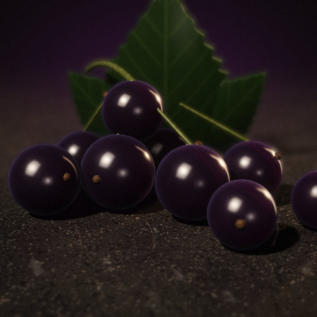 A cluster of blackcurrants with a leaf