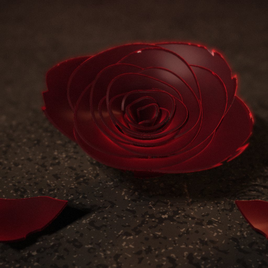 A deep red rose with fallen petals